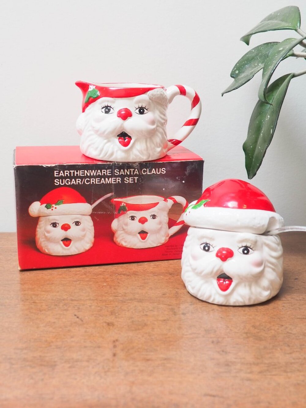 Vtg Earthenware Christmas Creamer and Sugar Bowl Set - Santa Cream and Sugar